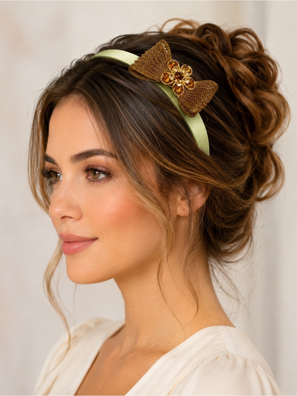 Olive Green Satin Headband with Gold Bow | Women’s Boutique Hair Accessory